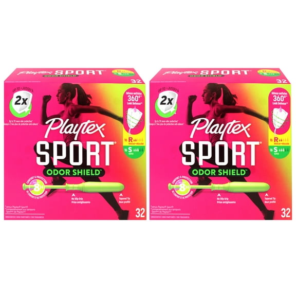 Playtex Sport Odor Shield Tampons (16ct Regular/16ct Super), with 360 Leak Defense, Unscented, 32 Count - 2 Pack