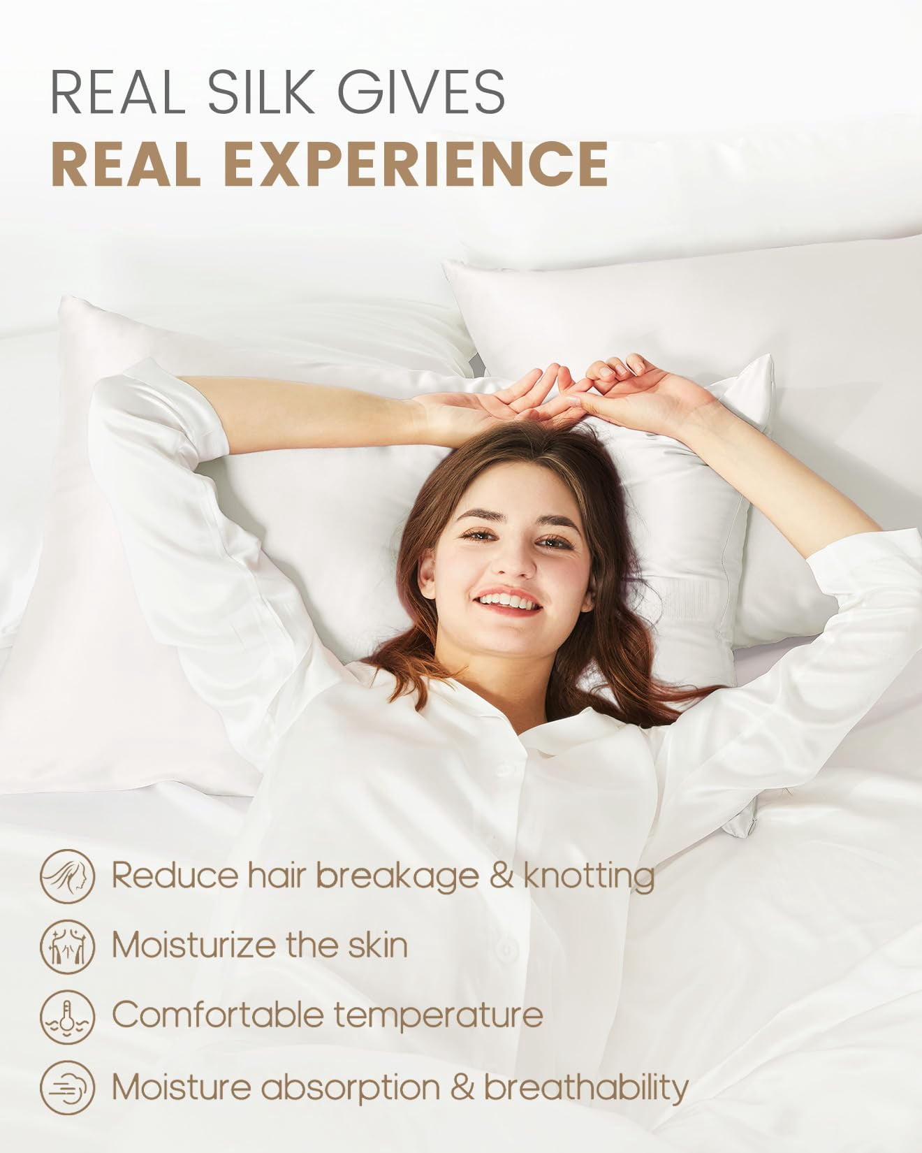 THXSILK 19 Momme Silk Pillowcase, Mulberry Silk Pillow Case with Hidden Zipper, Both Sided 100% Natural Mulberry Silk, Standard Size(20"x26"), White