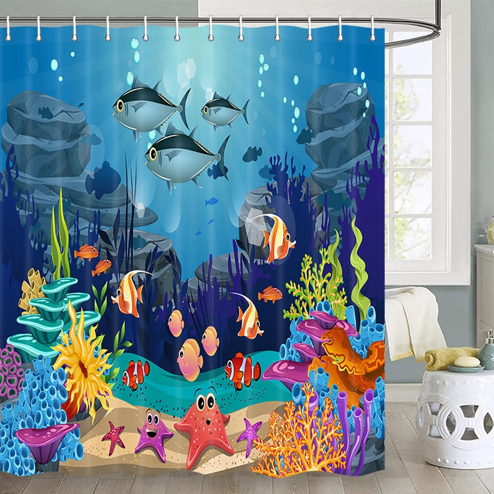 Shower Curtain Fish Under The Sea Shower Curtain - Ocean Theme Bathroom  Decor With 12 Hooks 72x72 Inches Sea Turtle Shower Curtain, image size:1000x1000