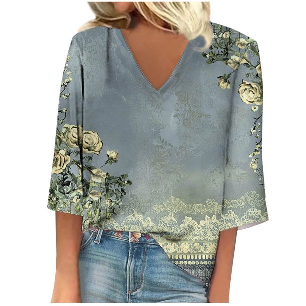 Blusa de Manga Corta Mujeres Cuello en V de Verano Impreso, Top Regular Casual Sexy para el Hogar Y el Uso Diario