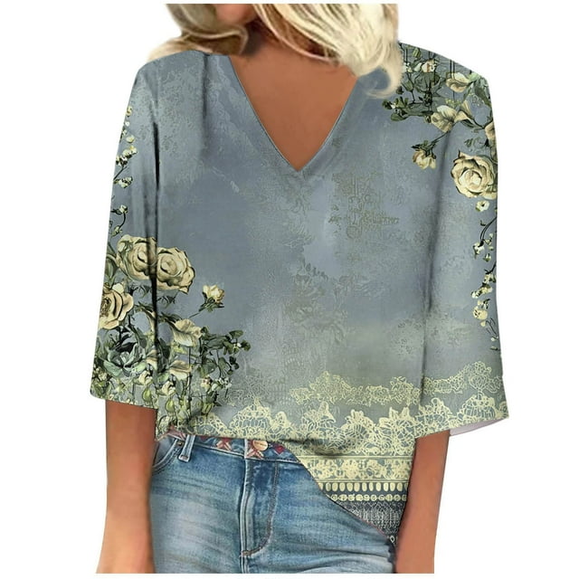 Blusa de Manga Corta Mujeres Cuello en V de Verano Impreso, Top Regular Casual Sexy para el Hogar Y el Uso Diario