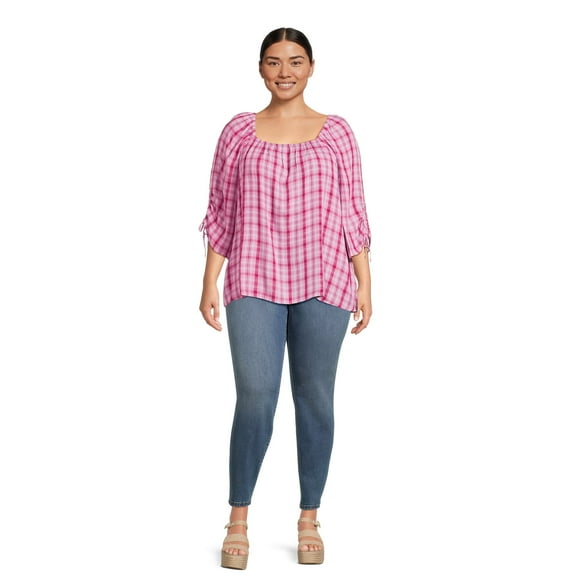 Women's Plus Size Square Neck Ruched Top, Size 3X Plaid Lilac