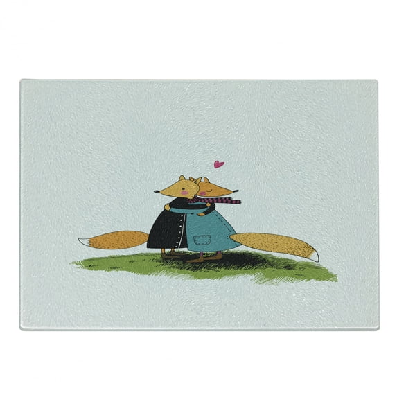 Fox Cutting Board, Romantic Furry Forest Animal Hugging Each Other with Pink Little Heart Love Friendship, Decorative Tempered Glass Cutting and Serving Board, Small Size, Multicolor, by Ambesonne