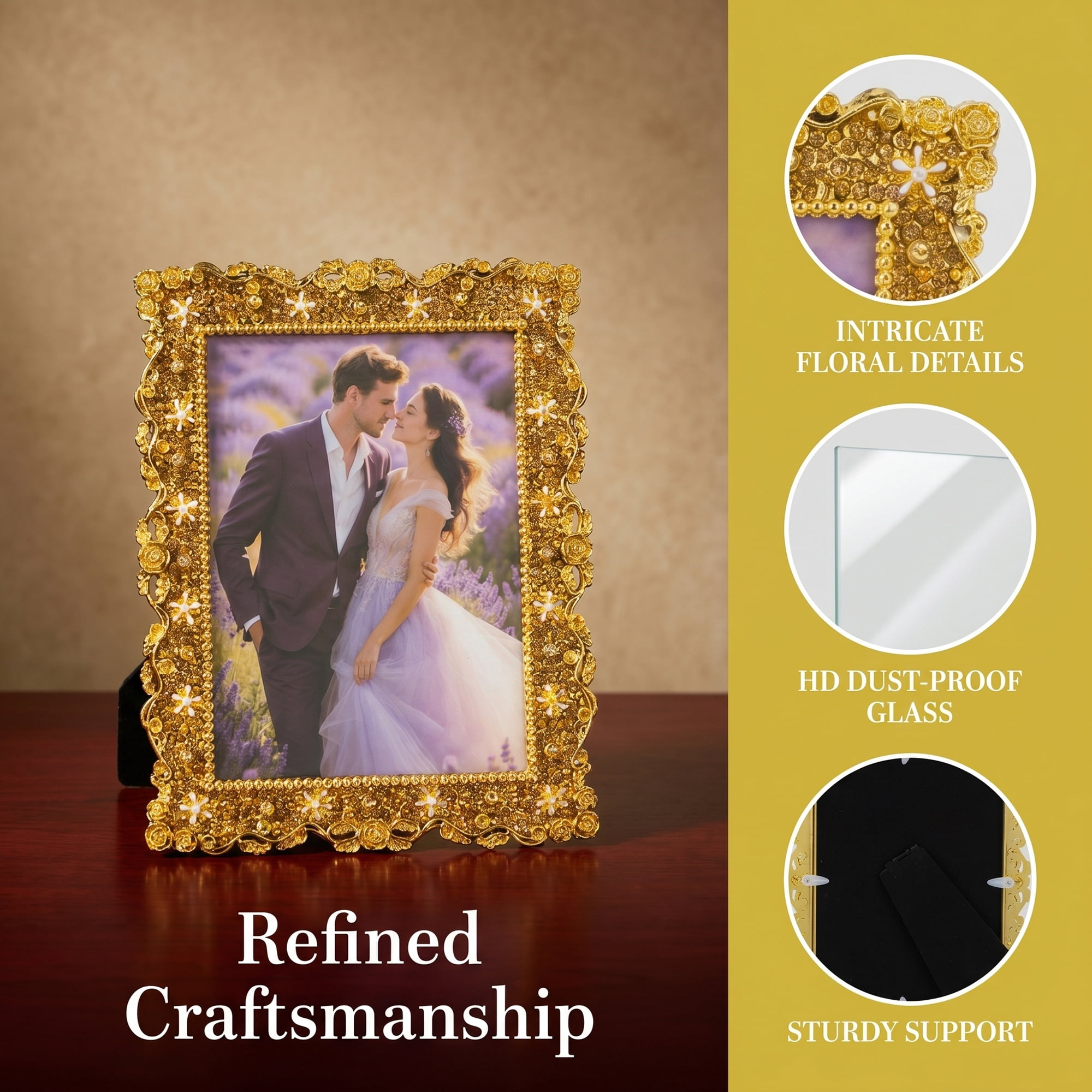 Unique Bargains Resin Picture Frame Vintage Flower Photo Frame for Display Gold 5" x 7"