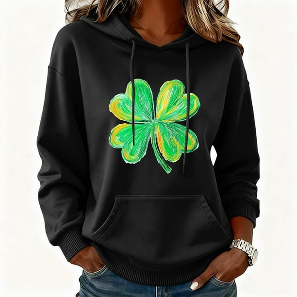 Xuyuer Womens St. Patrick's Day Clover Print Hoodie Casual Long Sleeve Sweatshirt Irish Shamrock Pullover Tops Sweatshirts Clover Print Shirts Casual Irish Gift Loose Fit Tops