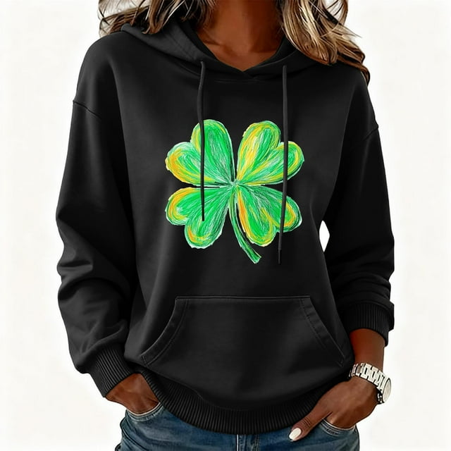 Xuyuer Womens St. Patrick's Day Clover Print Hoodie Casual Long Sleeve Sweatshirt Irish Shamrock Pullover Tops Sweatshirts Clover Print Shirts Casual Irish Gift Loose Fit Tops
