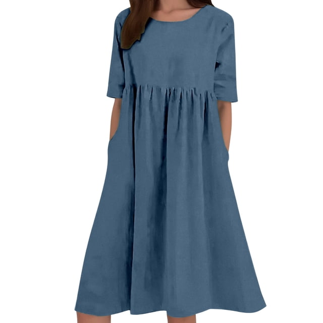 HXWCHs Robe Évasée pour Femme en Mélange de Lin, Robe Décontractée à Manches Courtes avec Poches Latérales Bleu Ciel TTTG