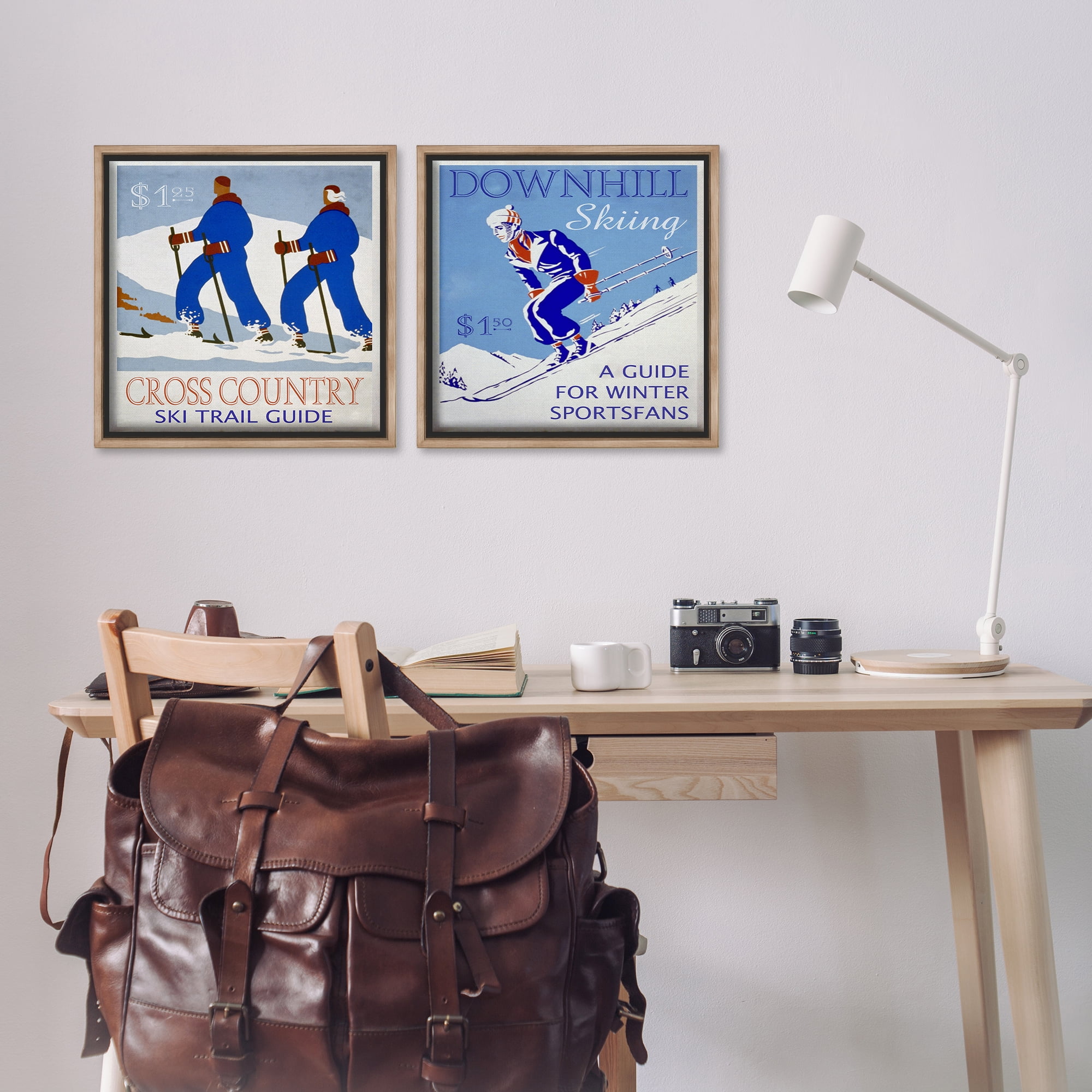 Stupell Industries Cross Country Skiing Posters Sports Painting Brown Floater Framed Canvas Art Print Wall Art, 18 x 18, Set of 2