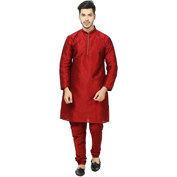 Royal Kurta Men's Silk Blended Traditional Loopbutton Kurta Churidaar Red