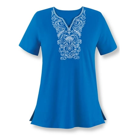 New Look Misses Knit Tops Women's Embroidered Split Neck Knit Top Misses Royal/White Medium, Medium, Royal/White ()