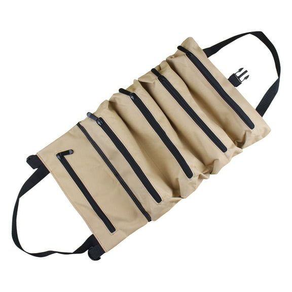 Canvas Tool Roll Bag with 5 Zipper Pockets Waterproof & Wear Resistant Pouch for Car Motorcycle, Electricians