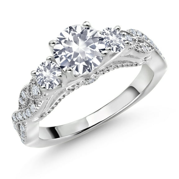 Gem Stone King 925 Sterling Silver White Created Sapphire and White Moissanite Engagement Ring for Women (1.53 Cttw, Gemstone September Birthstone, Round 6MM and 3MM, Size 9)