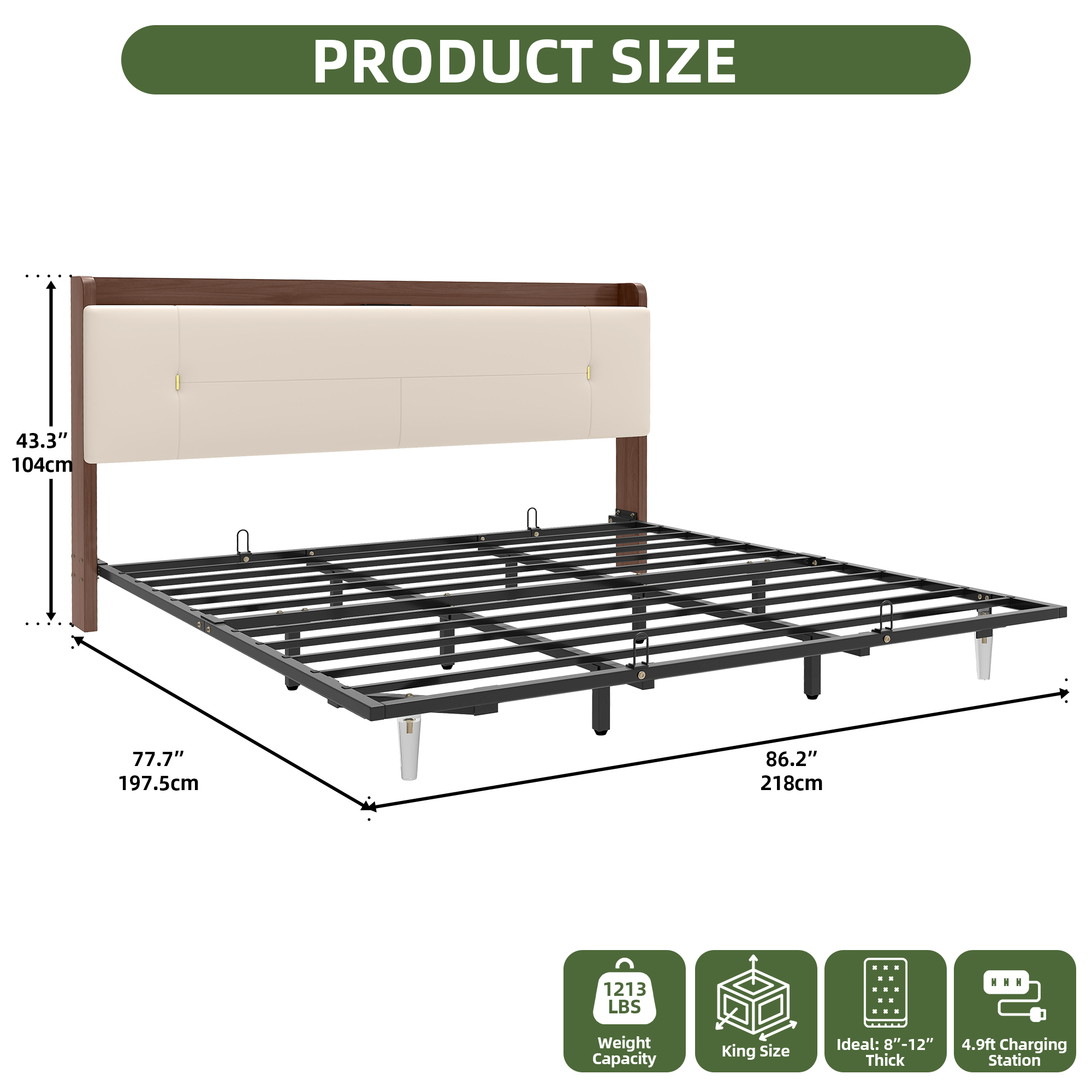 Uforic Beige King Bed Frame with LED Lighting, Contemporary Upholstered Platform Bed Frame, Floating Bed Frame with Charging Station, Box Spring Not Needed