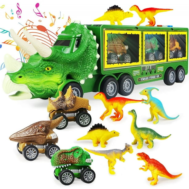 Camión de juguete de dinosaurios, luces intermitentes, música, sonido rugiente, juguetes de dinosaurios 10 en 1