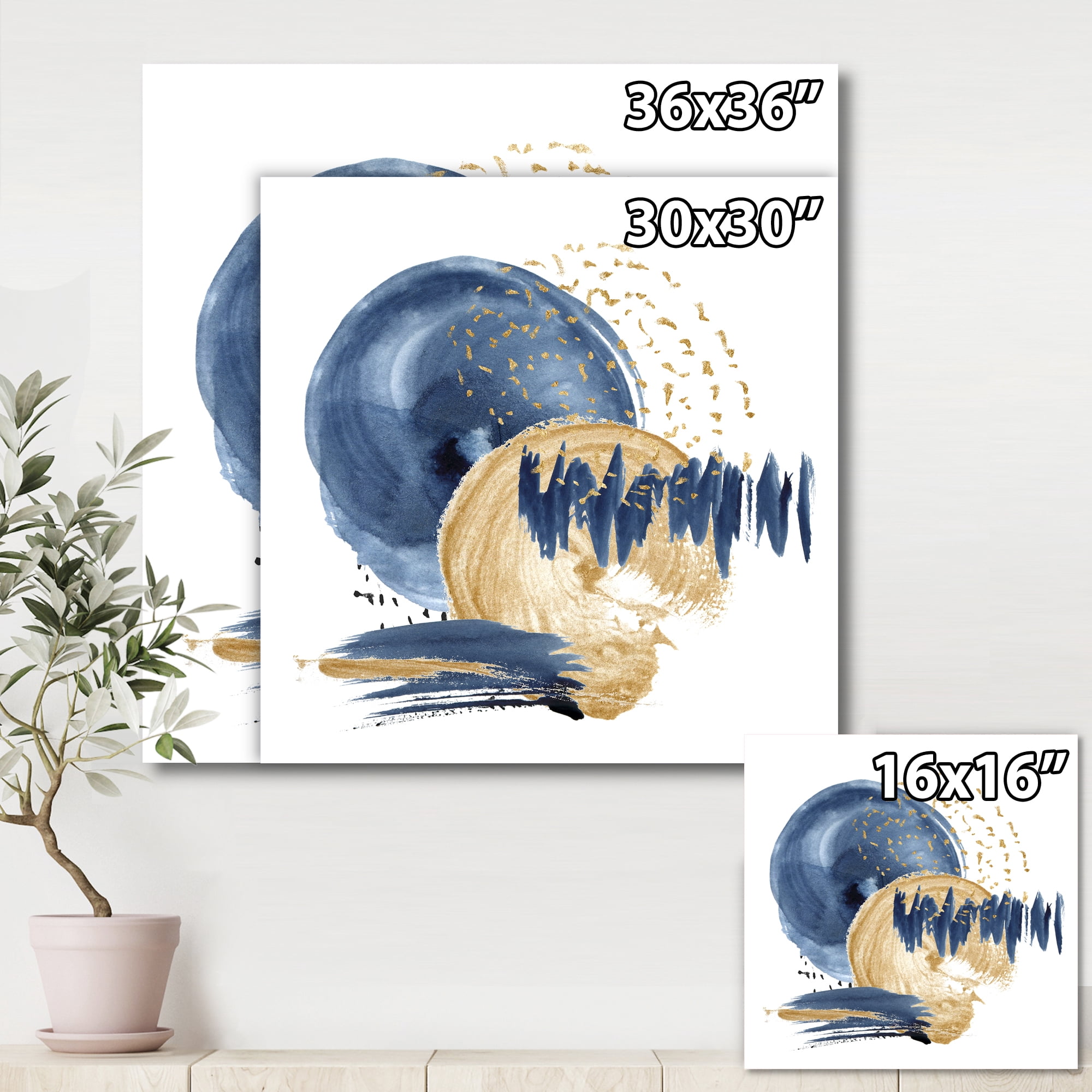 Designart ' Gold and Dark Blue Abstract Circle Ocean Texture ' Modern Canvas Wall Art Print