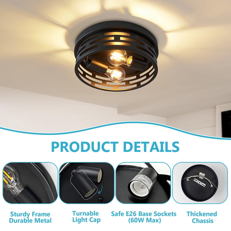 HKMGT Rustic 2-Light Flush Mount Ceiling Light, Matte Black Grid Pattern Frame, E26 Base, Round Close to Ceiling Light for Hallway, Entryway, Bedroom, Kitchen （2-Pack）