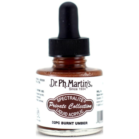 Dr. Ph. Martin's® Spectralite Private Collection Liquid Acrylics (32PC) Arcylic Paint Bottle, 1.0 US fl oz, Burnt Umber, 1 Bottle