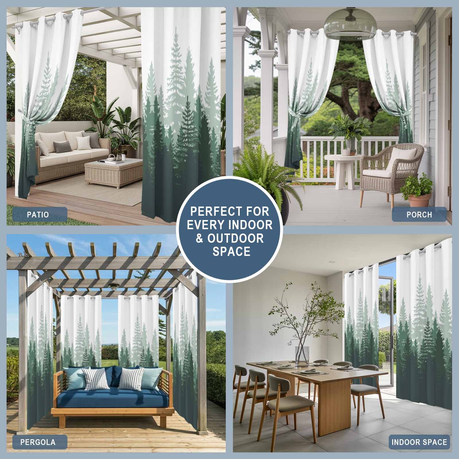 Green Forest Outdoor Curtains for Patio Waterproof, Nature Woodland Tree Misty Forest Silhouette Landscape Grommet Curtains for Porch Outside Privacy Drape for Gazebo Garden Pergola, 1 Panel, 54x84in