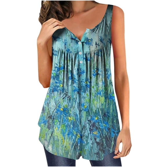 asdoklhq 2025 Summer Fall Womens Tops Clearance under $5 Women's Fashion Printed V-neck Comfortable Loose T-Shirt Sleeveless Blouse Casual Tops Light Blue XXL