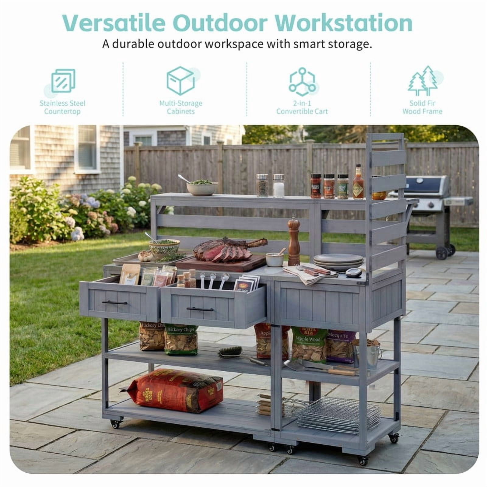 62.3''W Outdoor Kitchen Island Set of 2 with Stainless Table Top, Garden Potting Bench with Shelf and Drawers, BBQ Prep Grill Table