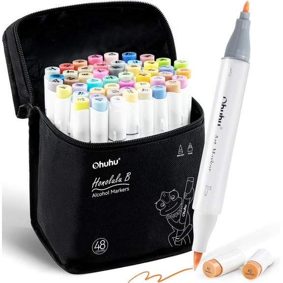 Ohuhu Alcohol Brush Markers 48 Mid-tone Colors for Artists Adults Coloring Sketch Illustration- Brush & Fine- Honolulu B- New Color Codes