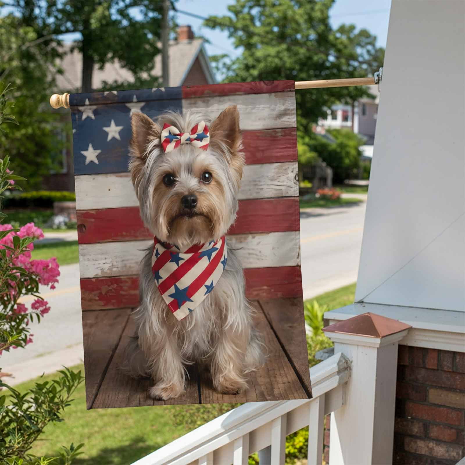 Patriotic Yorkshire Terrier House Flag 28 x 40 Inches, Independence Day American Flag Weather Proof Outdoor Patio Flags Double Sided Small House Decoration for Yard Lawn Outside Home