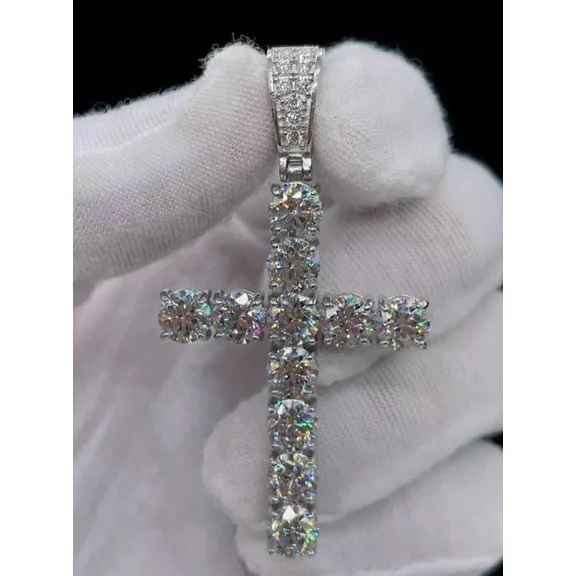 Real Moissanite Round Cut Men's Cross Pendant White Gold Plated Silver