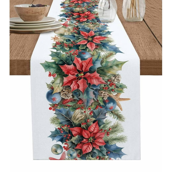 Ldtrchee Blue Red Christmas Table Runner 72 Inches, Poinsettia Xmas Botanical Bed Runner Dresser Scarves Tabletop for Indoor Outdoor Parties/Ceremony/Banquet, 18" x 72"