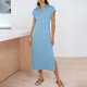 thumbnail image 5 of TaTaai Women's Short Sleeve Midi Dress Solid Color Lapel Collar Casual Dress with Side Slit Lightweight Stretchy Polyester Blend Gift, 5 of 7