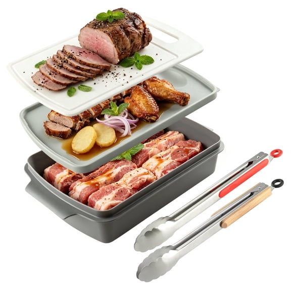Grill Prep and Serving Trays, 3-in-1 Stackable BBQ Food Tray, 5PCS BBQ Serving Set with Marinating Container, Serving Platter, Cutting Board and 2PCS Colored 12-Inch Grill Tongs (Gray)