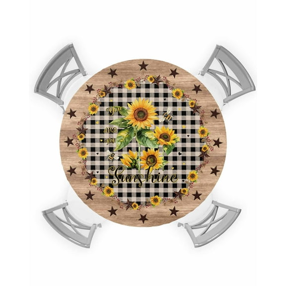 nqOlkjepod Sunflower Black Checked Round Tablecloth, Fitted Table Cover with Elastic for 55"-60" Round Tables, Country Star Brown Wooden Table Cloth Outdoor Dinning Party Waterproof Tablecloths