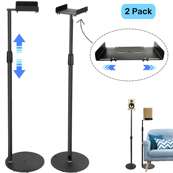 Ymokee 2-Pack Metal Speaker Stands, 29.5" - 57" Height-Adjustable Speaker Floor Stands with 360° Rotating Tray and Non-Slip Pads