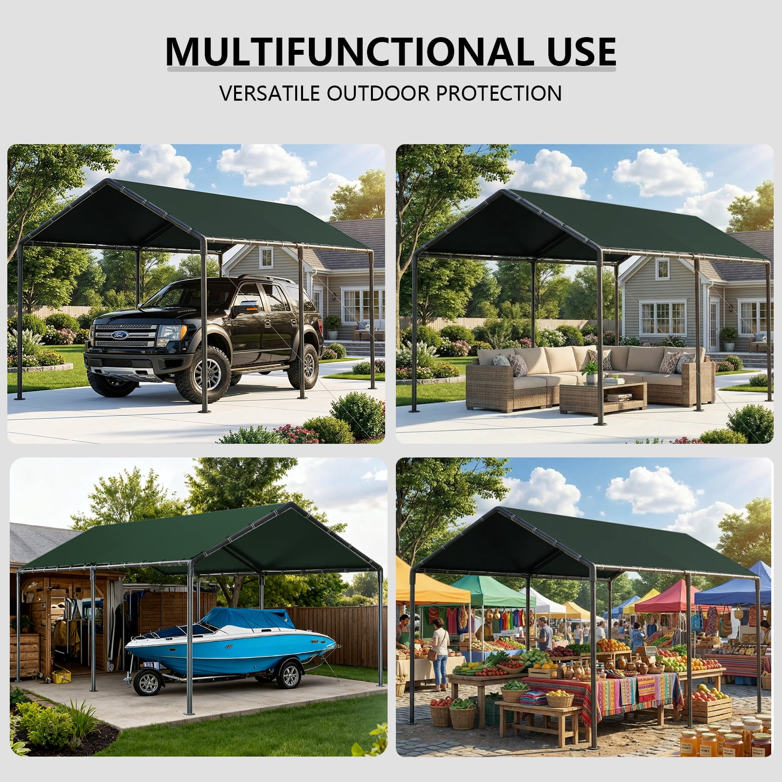 Grezjxc 10x20 ft Metal Carport Car Canopy Portable Car Tent Garage, Green
