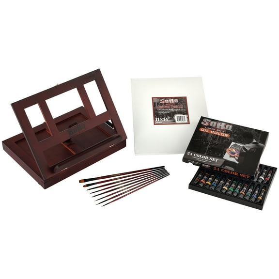Oil Paint Set, 35pcs Artist Set with Wood Table-Top Easel Box, Art Painting Brushes, and Canvas Panels 11x14 for Students and Beginners