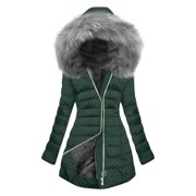 Lekwk Womens Fleeced Lined Long Coat Thicken Warm Parka Full Zip Removable Fur Hood Jacket with Pockets Plus Size Casual Winter Thermal Outerwear