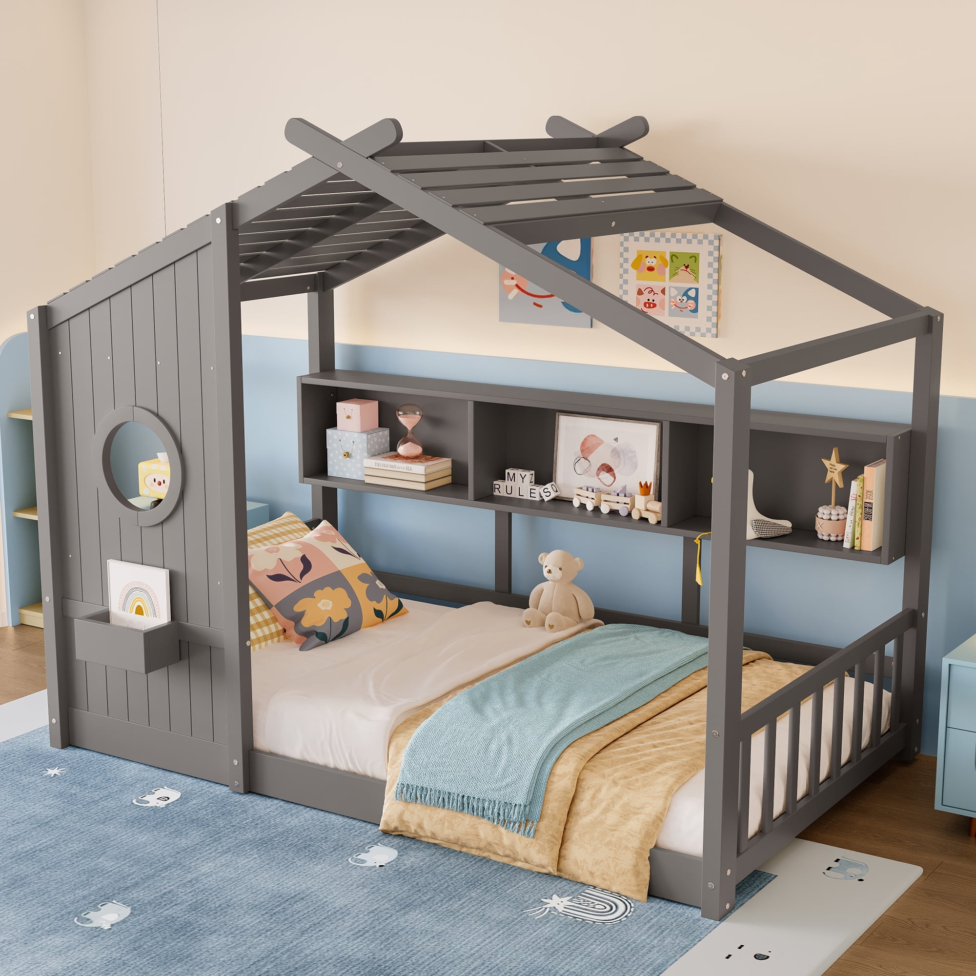 Euroco Wood Twin Size House Bed with Cabinets, Floor Bed with Roof Design and Storage Shelves, White