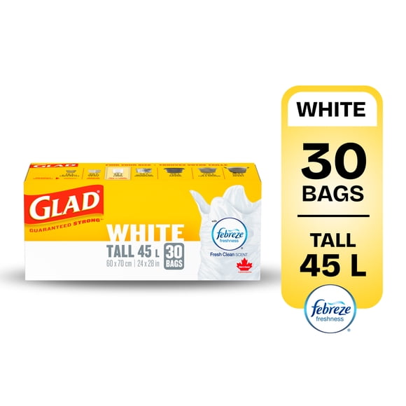 Glad White Garbage Bags - Tall 45 Litres - Febreze Fresh Clean Scent,