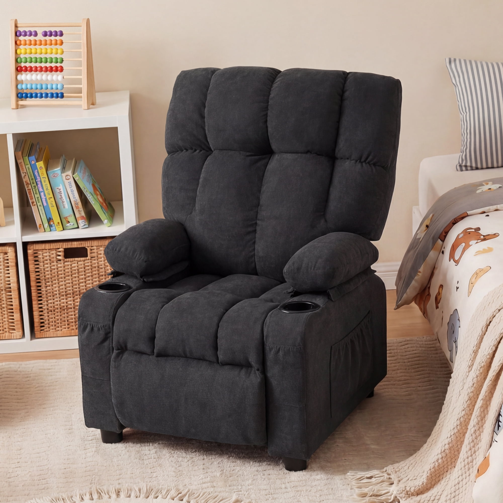 JONPONY Kids Recliner Chair,Push Back Toddler Recliner with Cup Holders & Side Pockets，Adjustable Footrest & Headrest Kids Sofa for Boys Girls 3+ Age Group，Children's Bedroom Furniture，Black