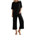 thumbnail image 2 of Bixock Pajamas for Women Solid Color Ice Silk Short Sleeve Top Lace Neck Long Pants 2 Piece Loungewear Sleepwear, 2 of 6