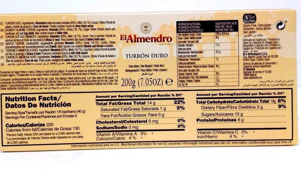El Almendro Crunchy Almond Turron (Turron Duro) Candy Brittle 1 Piece 7.05 Oz