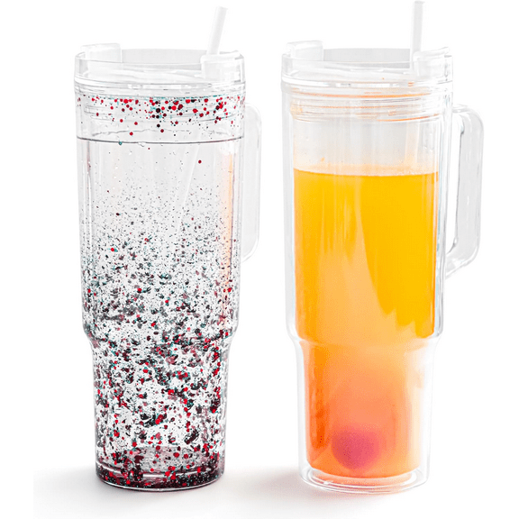 AGH 40 Oz Acrylic Snowglobe Tumbler with Handle, 2 Pack Pre-Drilled Double Wall Acrylic Clear Cup Tumbler for Glitter Snow Globe Diy