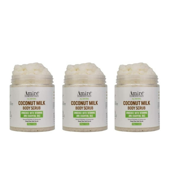 Three Pack of Amire Coconut Milk Scrub For Body And Face, 100% Pure Dead Sea Salt Exfoliating and Moisturizing Scrub For Cellulite Stretch Marks, Acne, Infused with Vitamin E, Shea Butter, Argan Oil