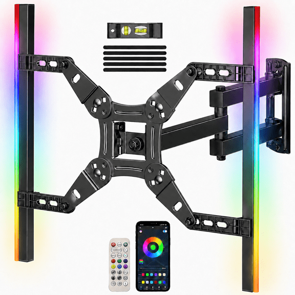 MountFTV Full Motion TV Wall Mount with LED Backlight for 13–43 Inch TVs, RGB Backlight with Music Sync for Immersive Viewing, Extendable Swivel Tilt and Leveling Adjustments, Corner TV Mount Support