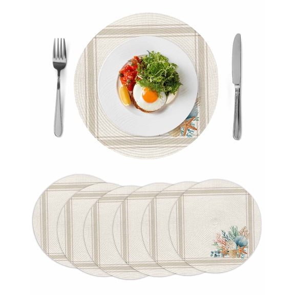 Summer Coastal Round 15 Inch Placemats Set of 6, Nautical Beach Marine Life Beige Striped HeatResistant Non Slip Place Mats for Dining Table, Wipeable Braided Kitchen Table Mats for Housewarming