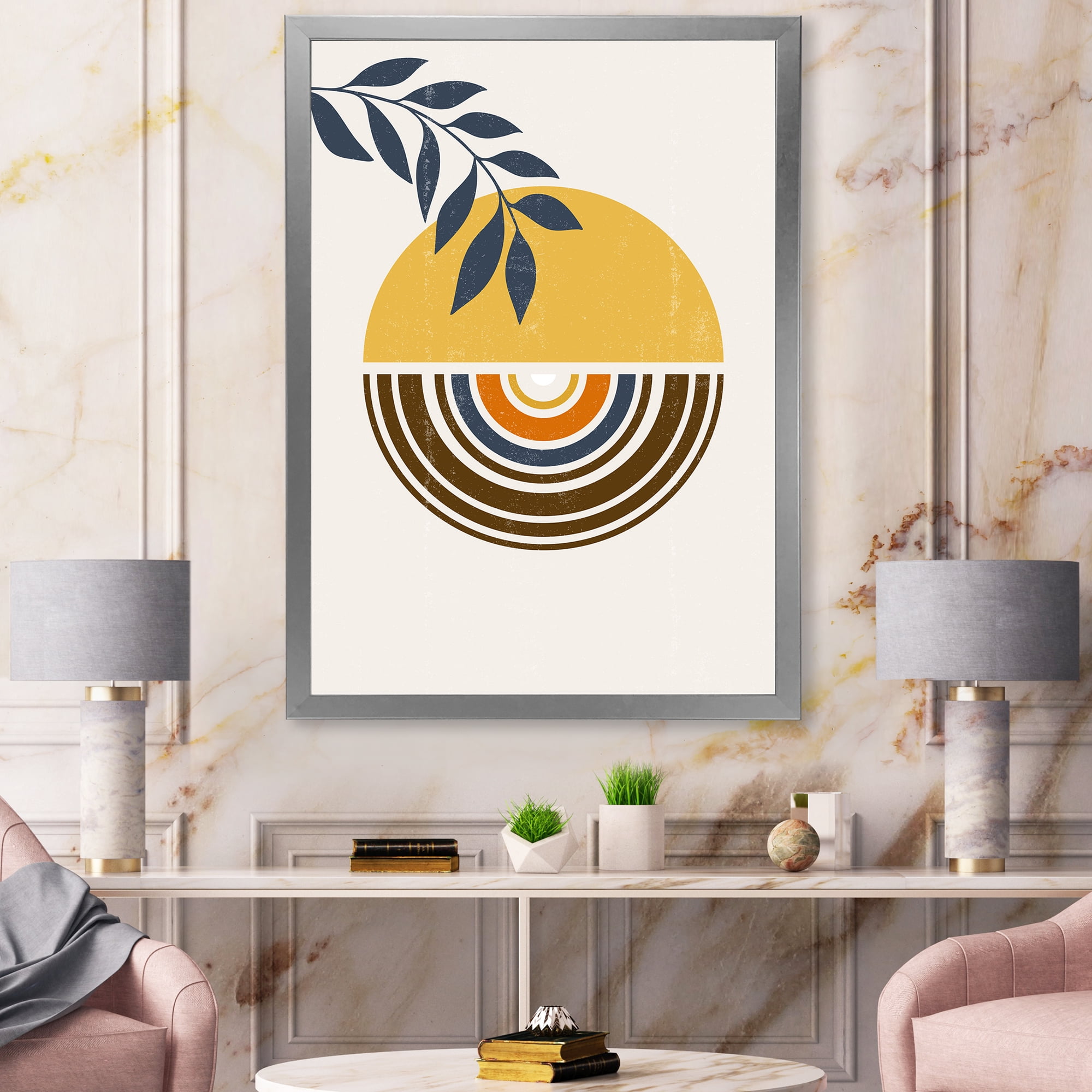 Designart 'Abstract Sun and Moon Leaves ' Modern Framed Art Print
