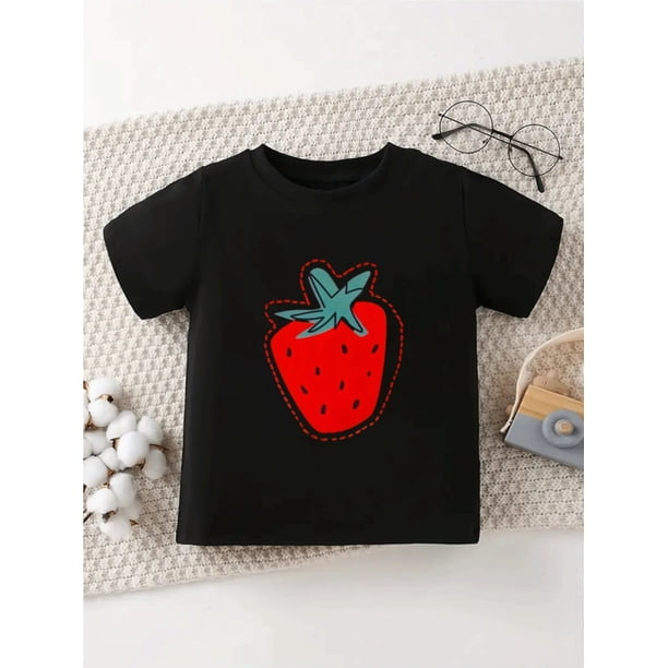 Girl's Short Sleeve T-Shirt - Strawberry Print Casual Top | Soft Stretch Fabric, Round Neck, Machine Washable | Spring Summer Playful Casual Attire, Easycare Clothing | Playful Design | Pullover
