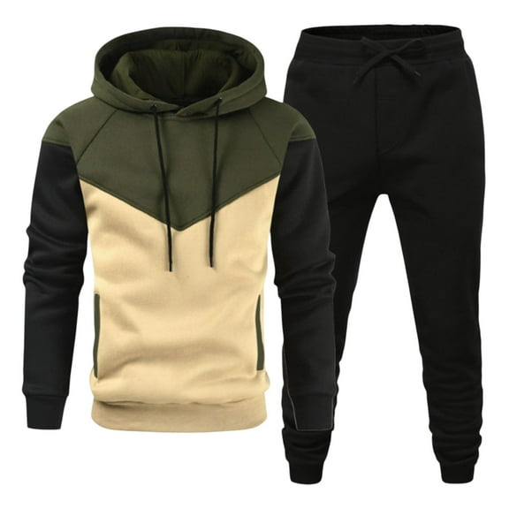 Wutalume Men's Fall and Winter Hooded Sports Set, Fleece-Lined Warm and Cozy Athletic Outfit with Pullover Hoodie and Jogger Pants,for Outdoor Activities and Gym Training,Army Green L