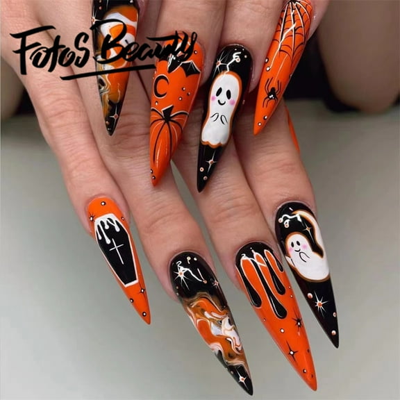 Fofosbeauty 24 pcs Nails, Press-on Acrylic False Nails Full Cover Extension Long Lasting for Girls Womens,Almond French Spider Web Ghost Bat