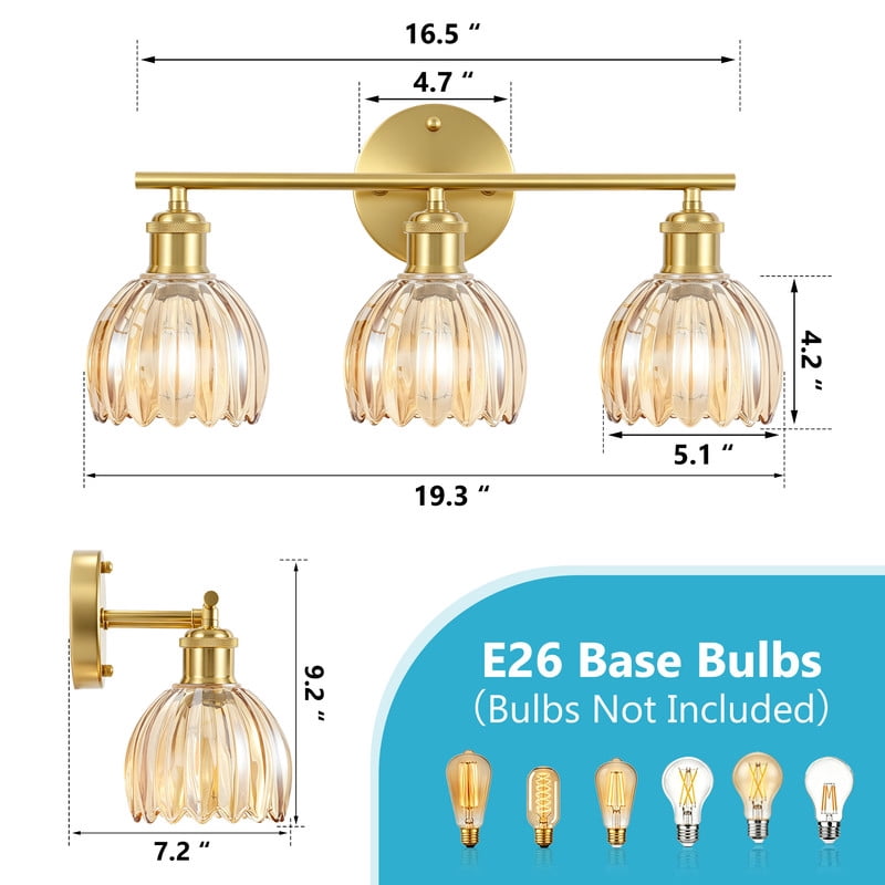 HKMGT 3-Light Gold Vanity Light with Amber Ribbed Glass, Reversible Mounting, E26 Base Wall Sconce for Bathroom & Hallway
