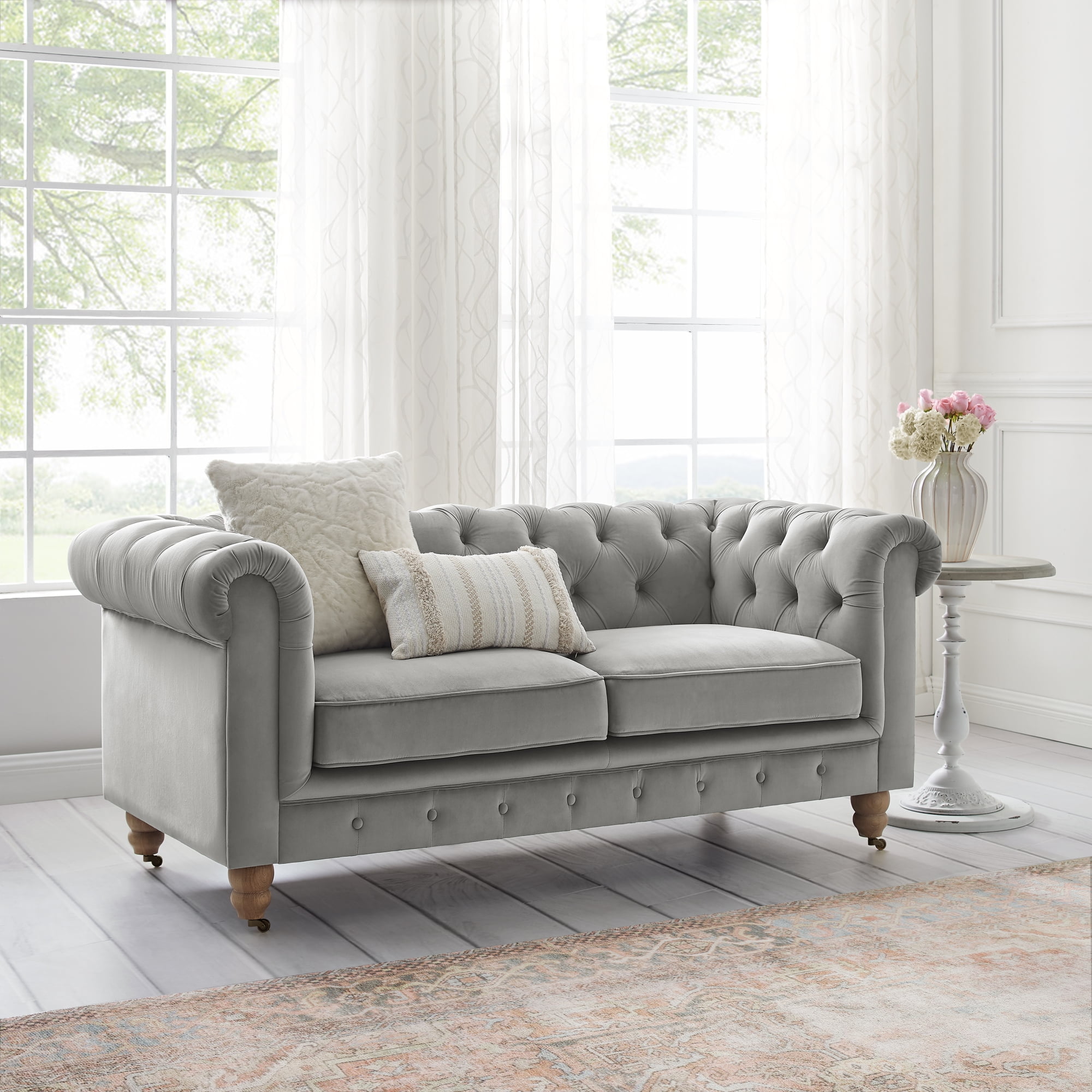 Rustic Manor Audriana Grey Velvet Chesterfield Loveseat 71L x 33.5W x 30.3H